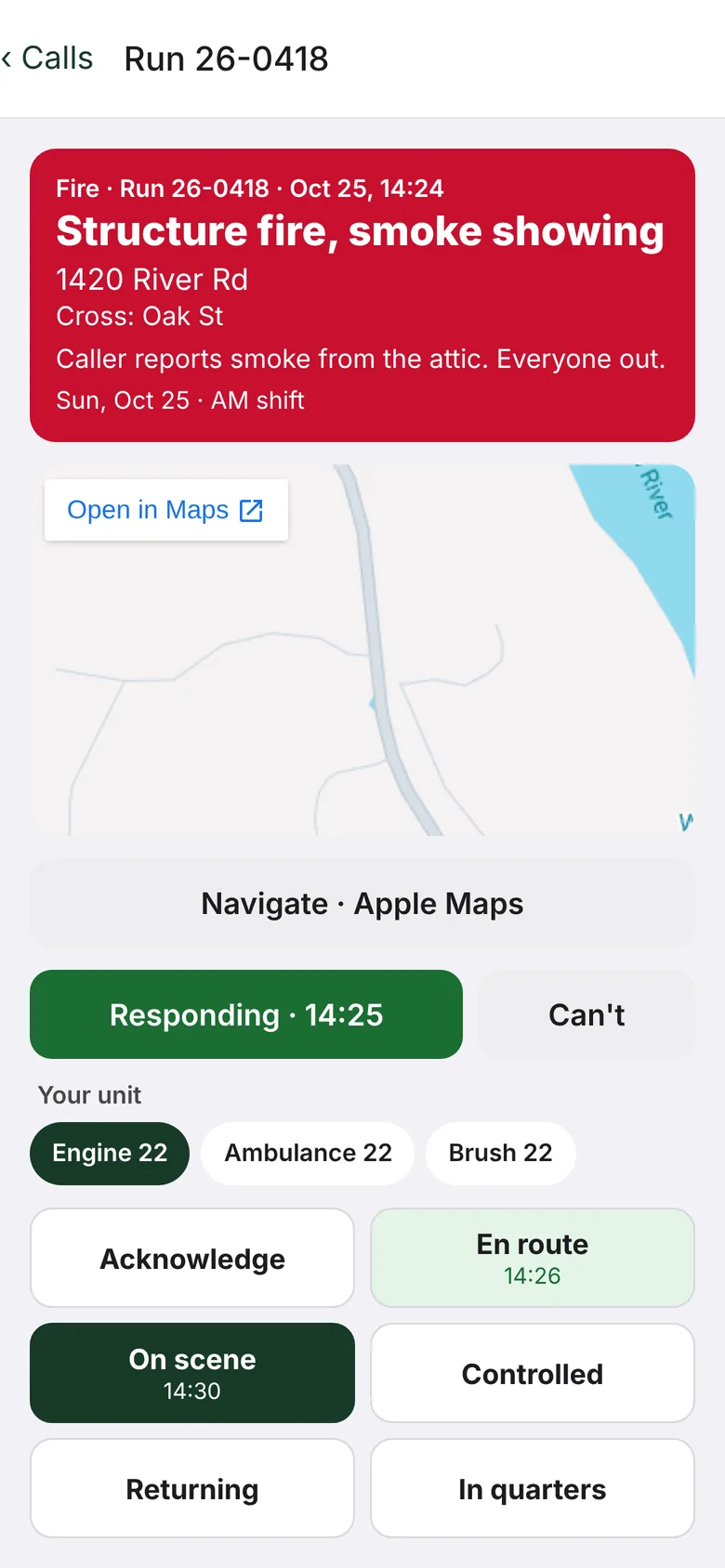 Active structure fire call with map and responding, en route and on scene buttons