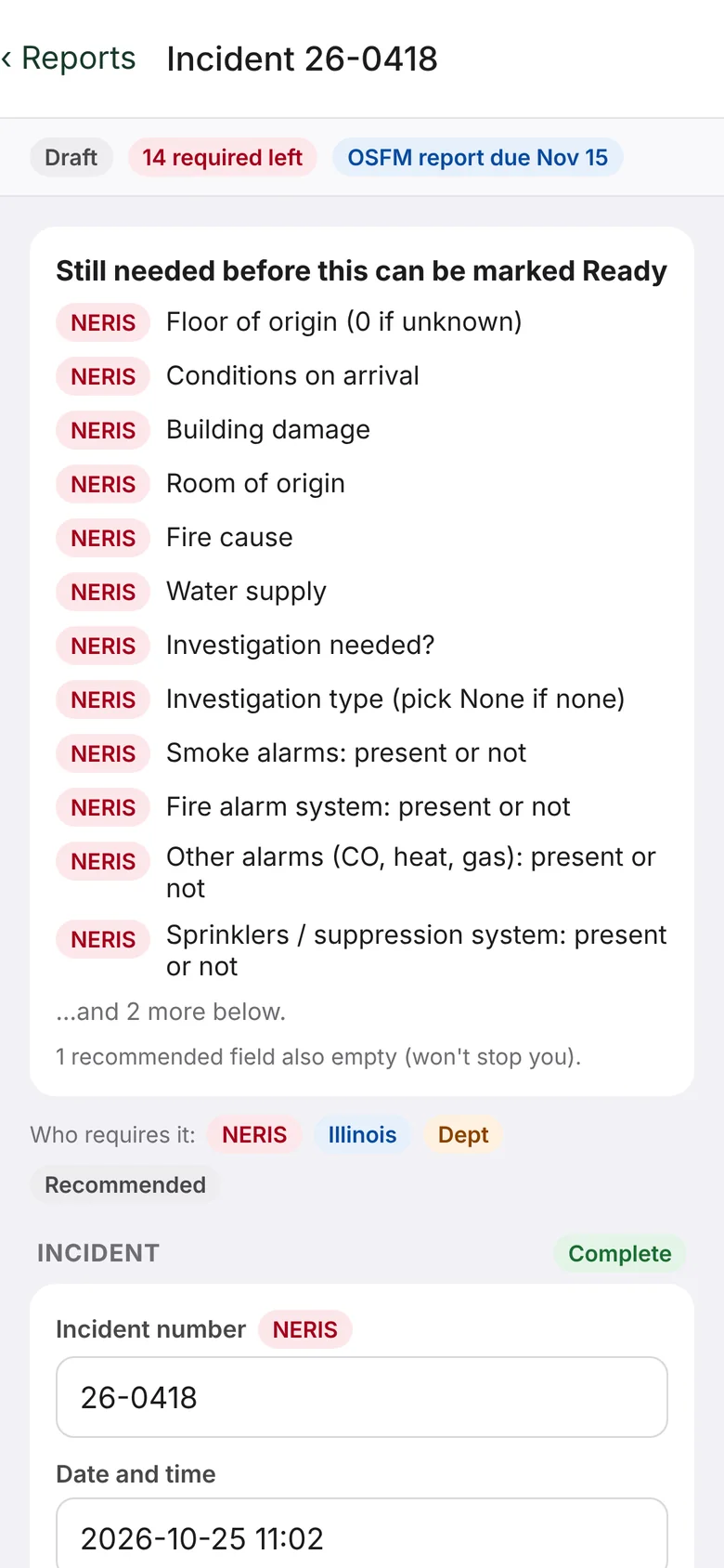NERIS incident report showing required fields marked NERIS and the OSFM due date