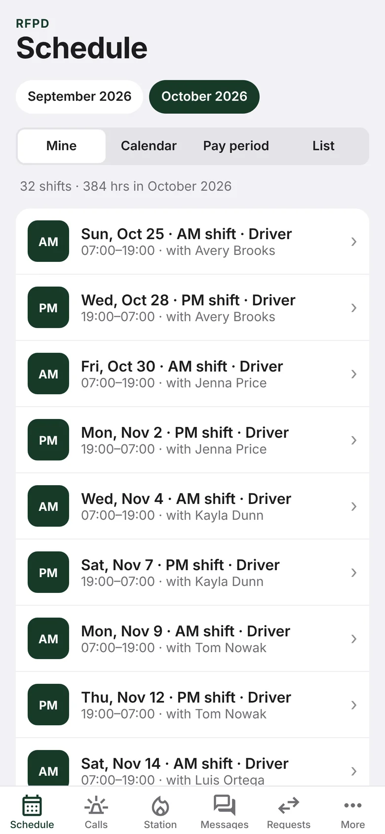 Schedule screen listing upcoming AM and PM shifts with partners