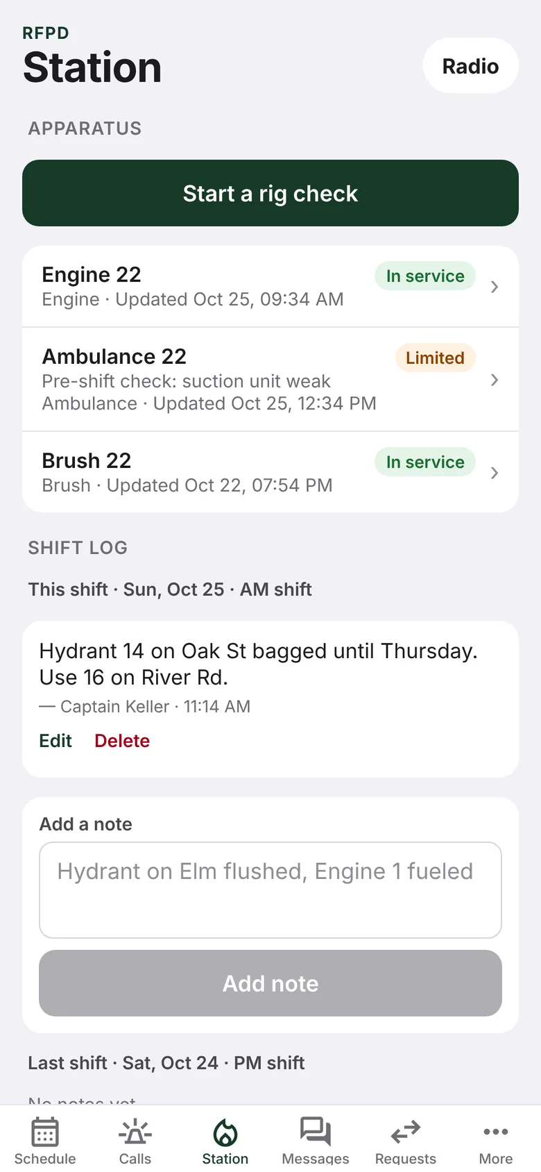 Station screen with unit status, a limited ambulance and the shift log